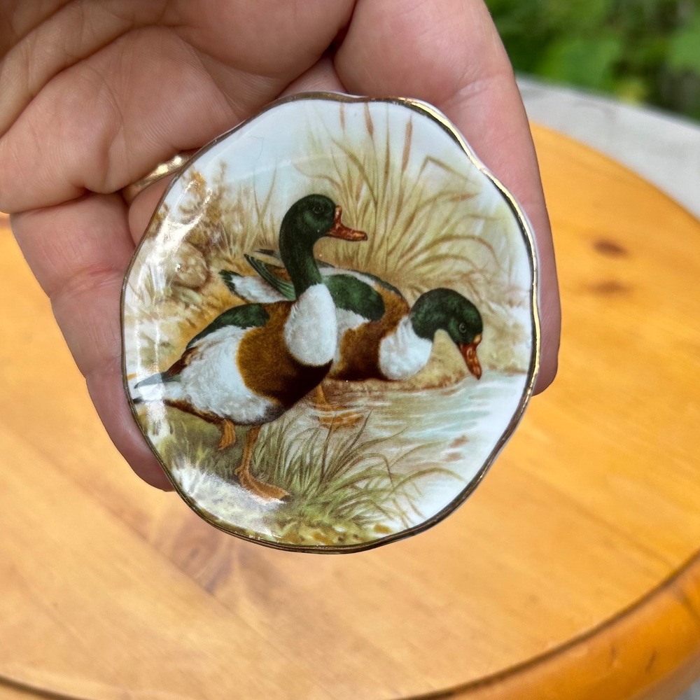 Vintage Duck Pin Dish Small Multicolor Bone China Gold Trim Trinket Tray MCM